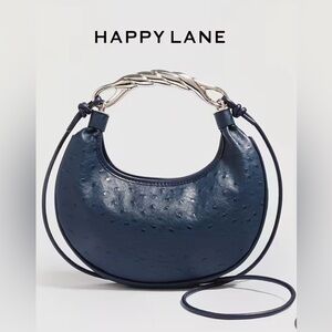 Happy Lane Navy Blue Ostrich Embossed Crescent Bag w/ Metal Handle Crossbody NIP
